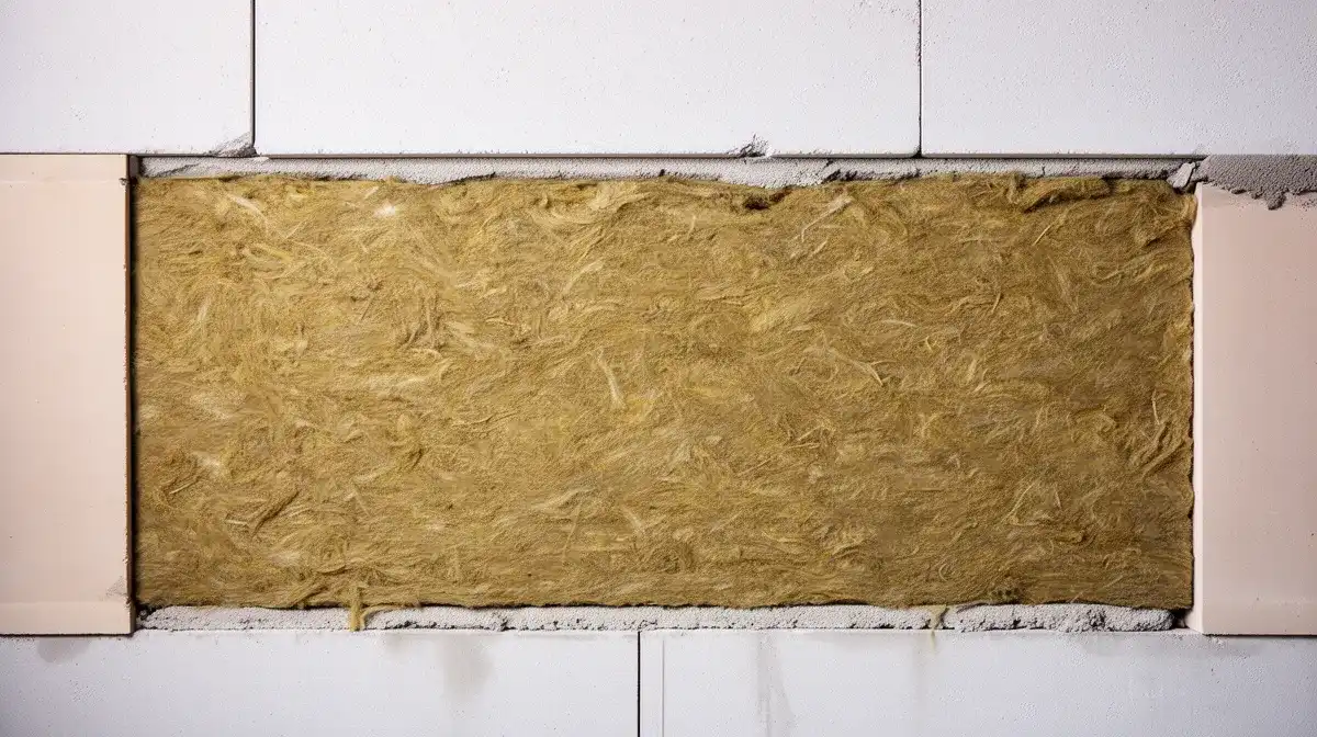 Coupe d'un mur isolé avec de la laine de roche montrant sa structure dense