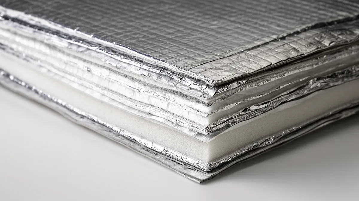 Coupe transversale d'un isolant mince multicouche montrant les couches d'aluminium et de mousse