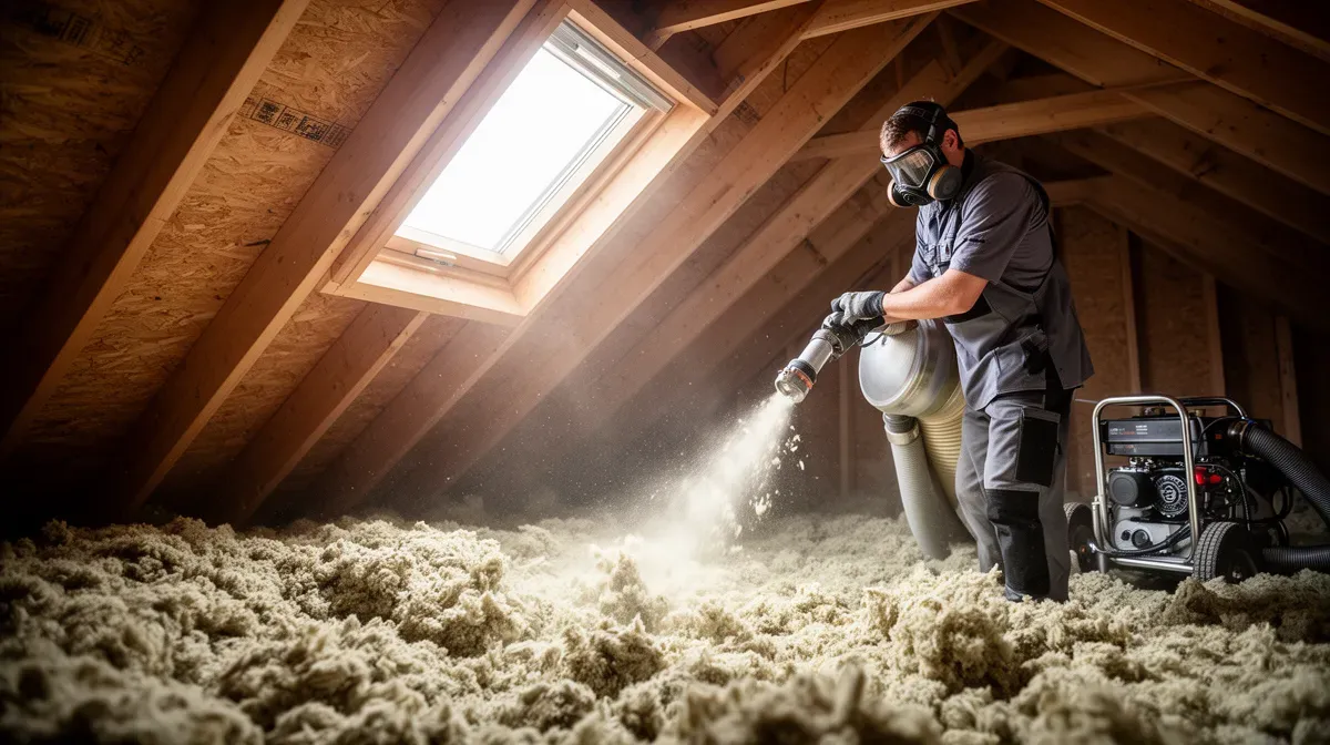 Artisan posant de la ouate de cellulose par soufflage dans des combles perdus