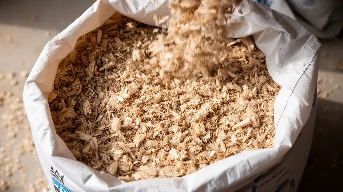 Gros plan sur la texture de la ouate de cellulose en flocons