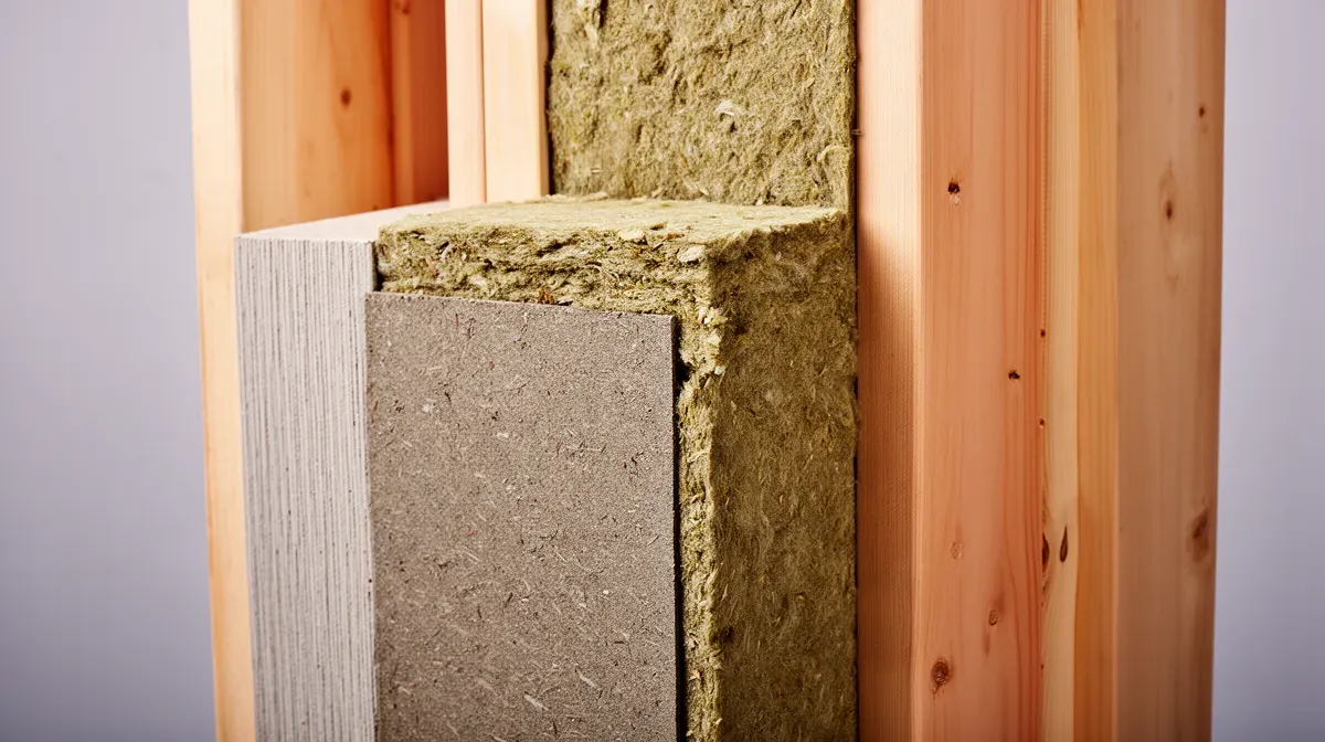 Coupe d'un mur avec isolation en panneaux de ouate de cellulose