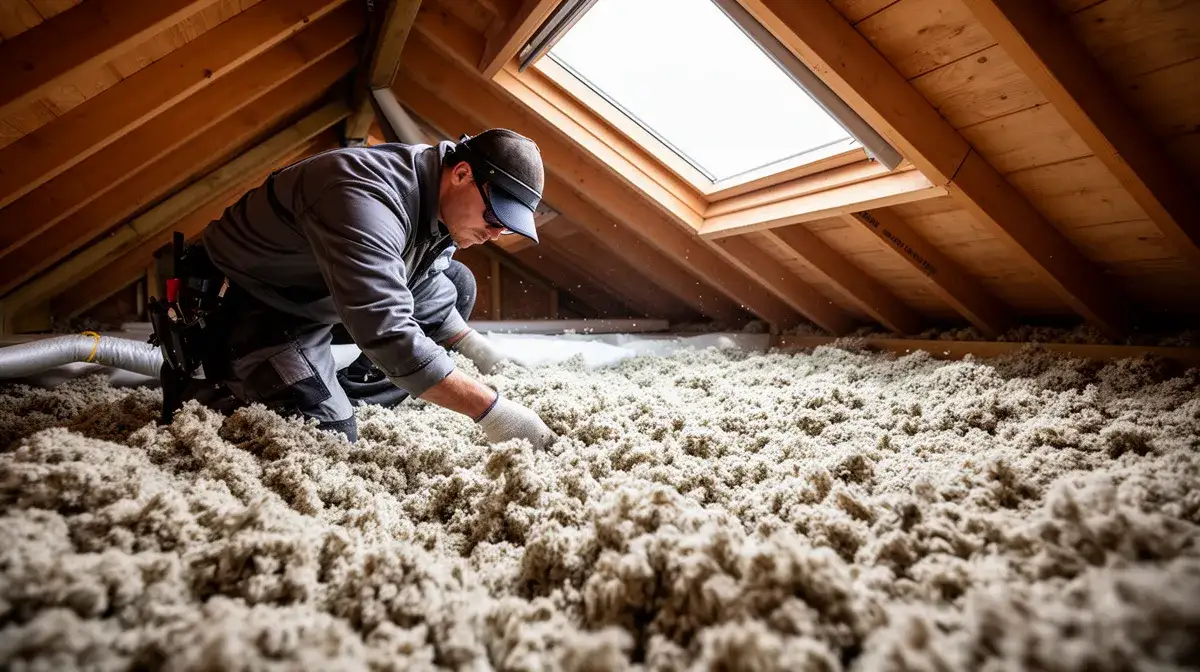 Un artisan souffle de la ouate de cellulose dans des combles perdus