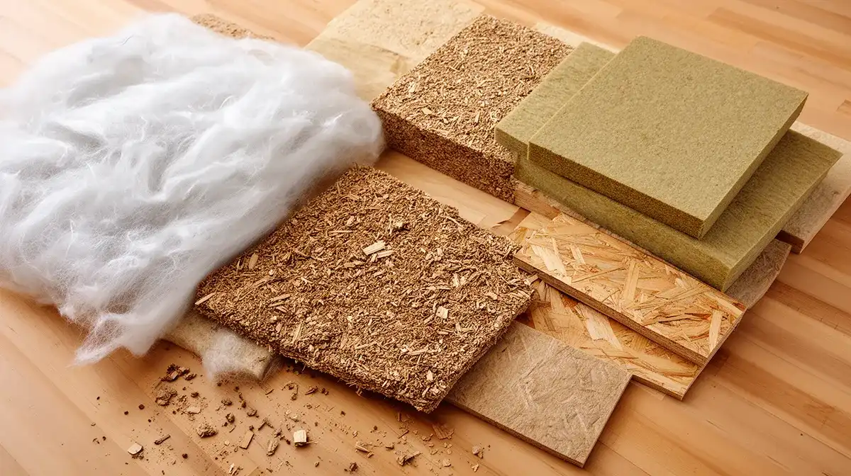 Échantillons de différents isolants : laine de verre, ouate de cellulose, fibre de bois