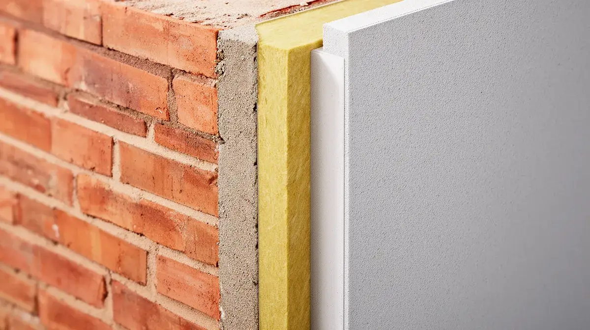 Coupe d'un mur avec isolation extérieure montrant les différentes couches : mur porteur, isolant et enduit de finition