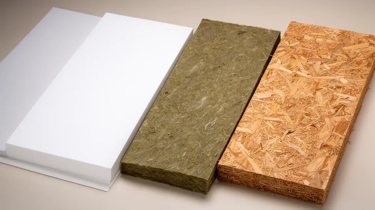 Trois types d'isolants pour l'isolation extérieure : polystyrène expansé, laine de roche et fibre de bois