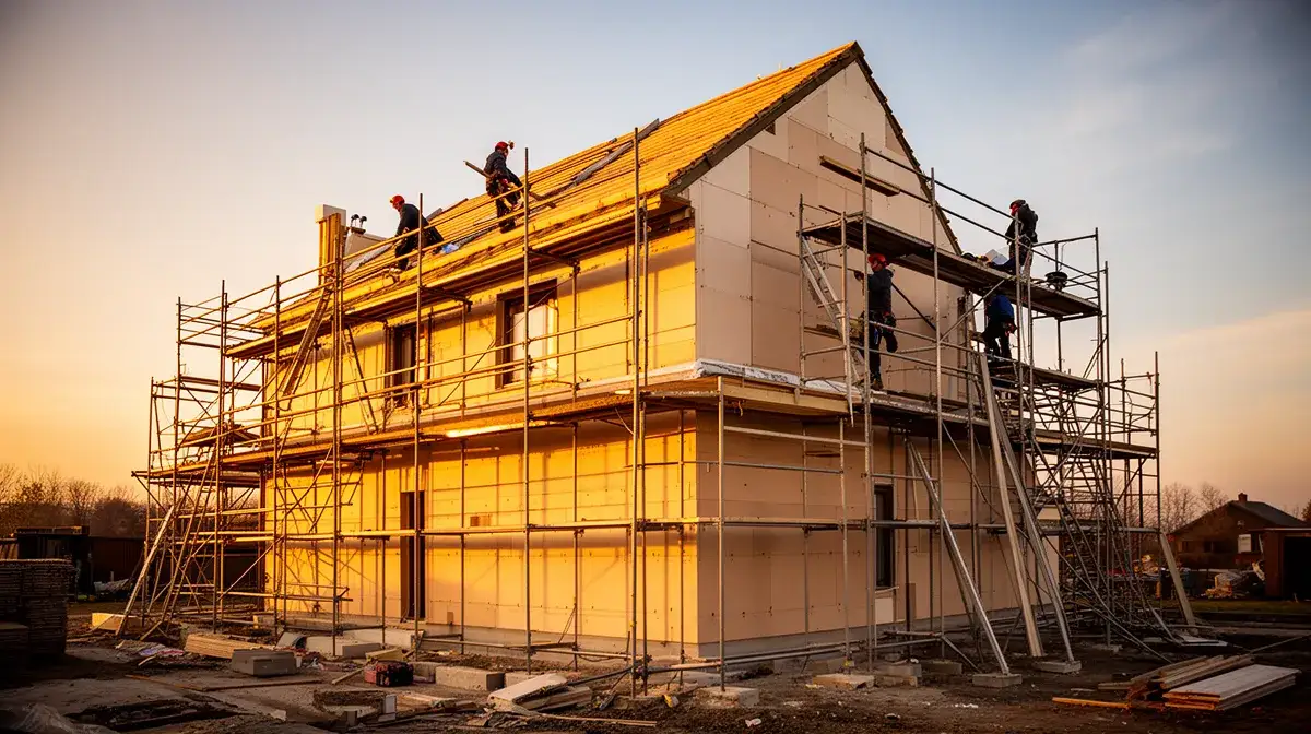 Vue large d'une rénovation d'ampleur avec échafaudage et pose d'isolation thermique par l'extérieur