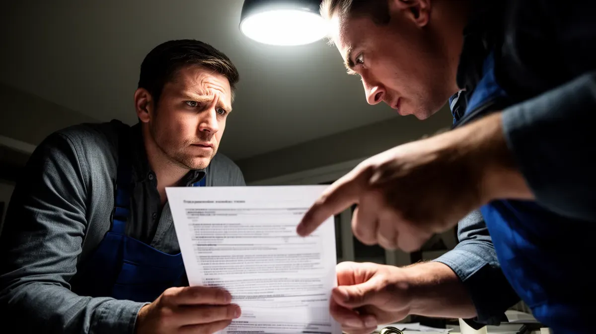Propriétaire examinant un contrat avec un artisan suspect, illustrant les arnaques à l'isolation