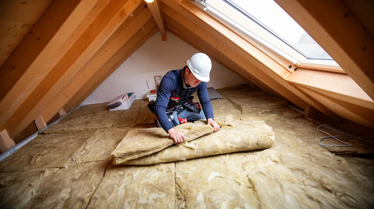 Artisan installant de l'isolation dans des combles, vue de dessus, mettant en avant la qualité des travaux