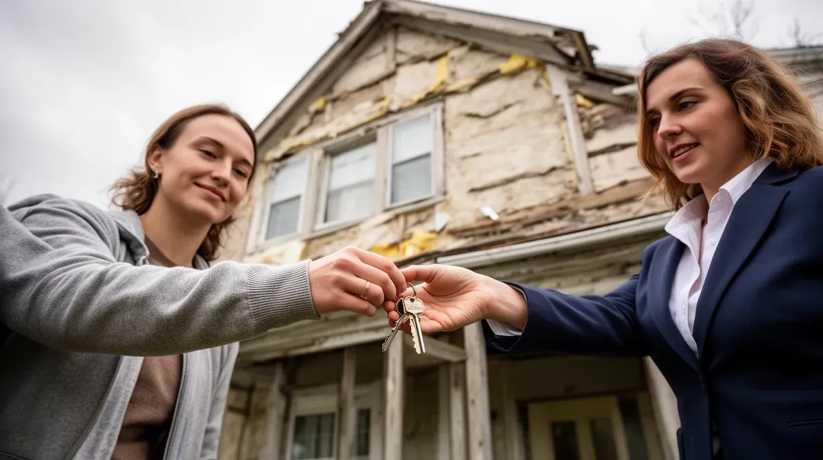 Agent immobilier remettant les clés d'une maison ancienne mal isolée à un acheteur