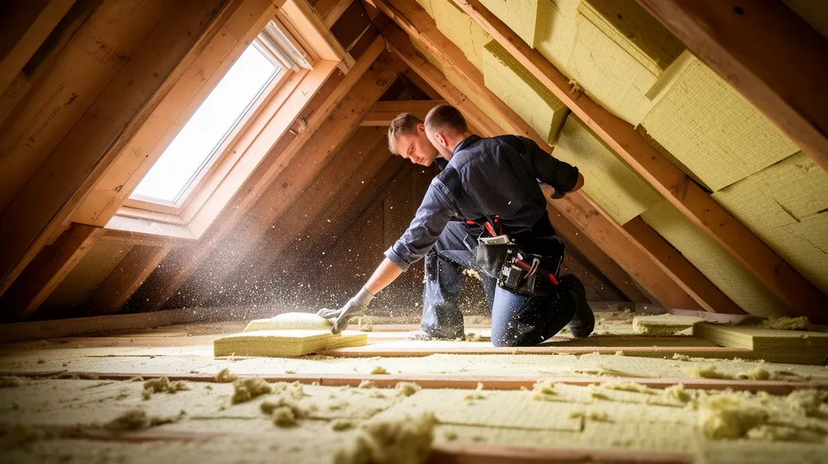 Ouvrier installant une isolation thermique dans des combles