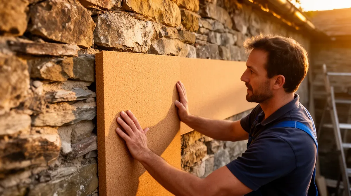 Pose d'un panneau de liège mince sur un mur en pierre ancienne pour une correction thermique