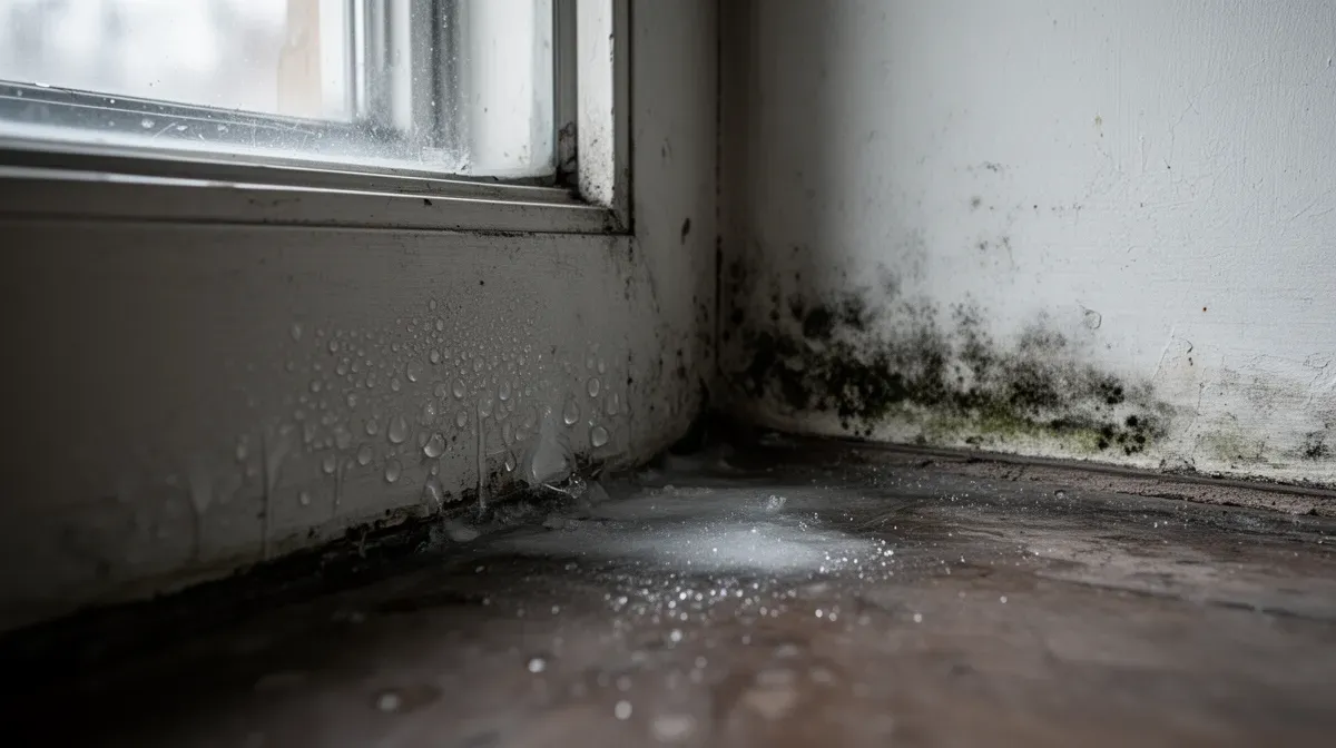 Jonction mur-plancher dans un bâtiment ancien montrant un coin froid avec condensation et début de moisissure