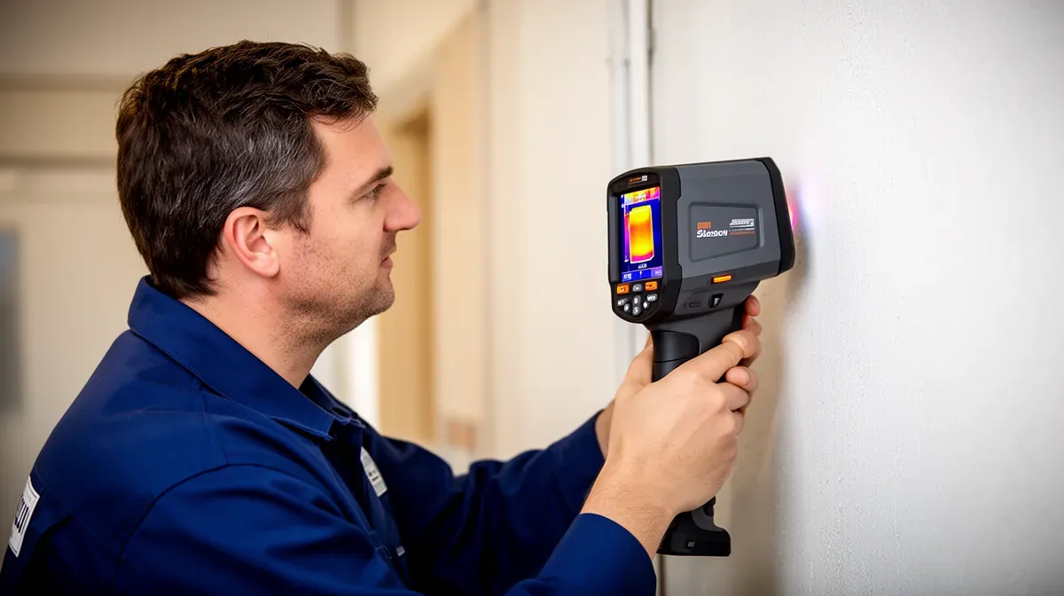 Technicien utilisant une caméra thermique pour diagnostiquer un pont thermique sur un mur intérieur