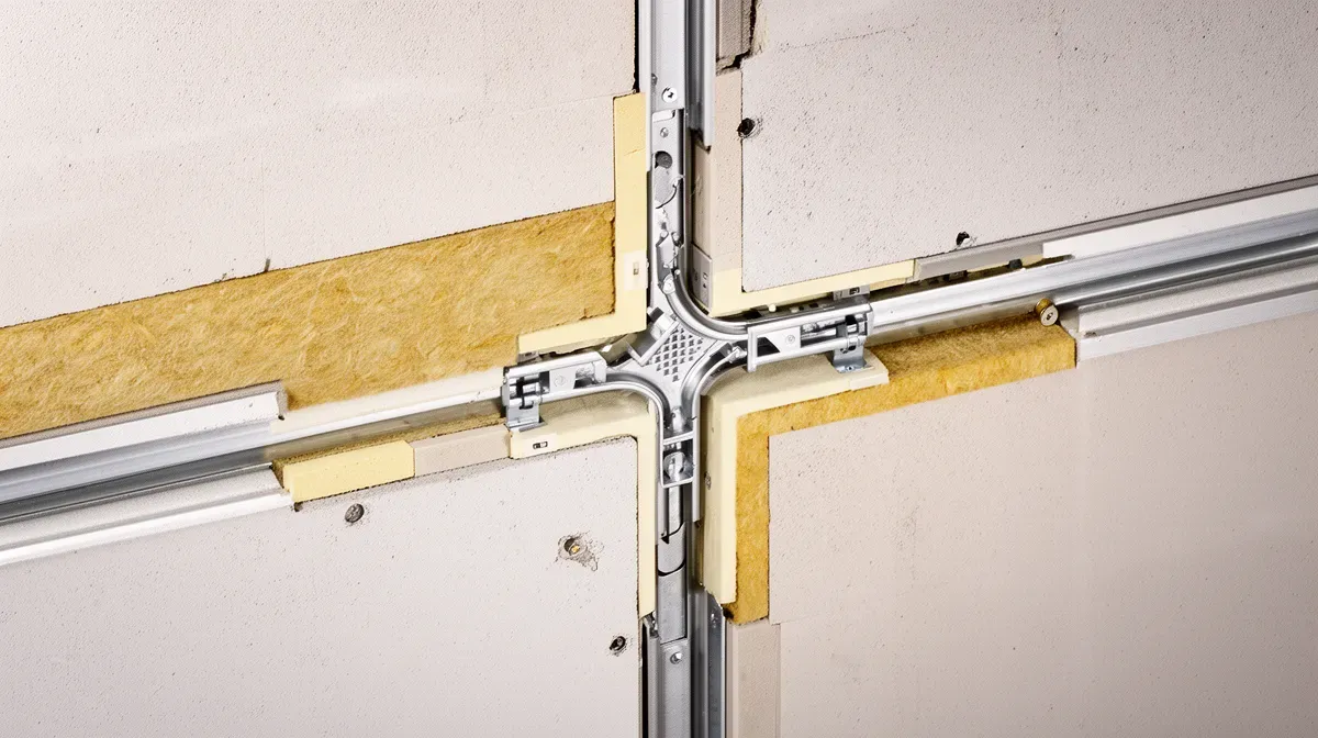 Coupe transversale d'un mur montrant les couches d'isolation et une solution de rupture de pont thermique