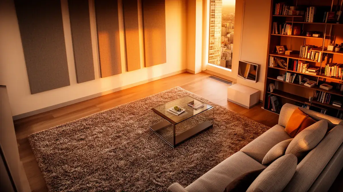 Salon moderne avec panneaux acoustiques muraux et moquette épaisse