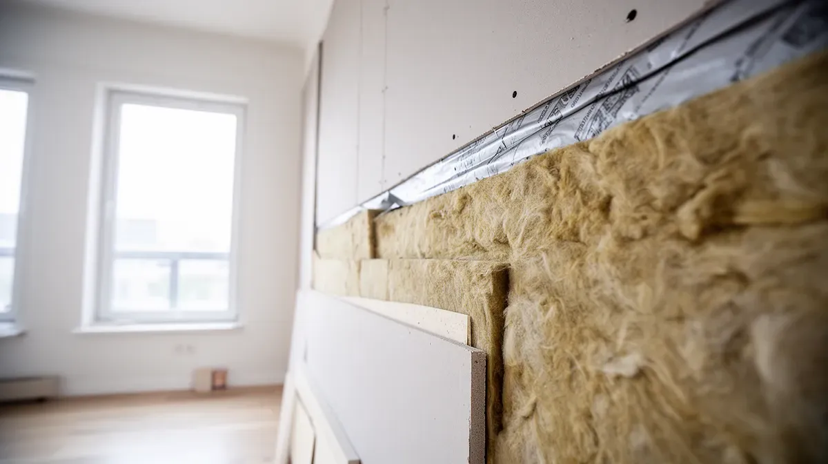 Détail d'une isolation thermique par l'intérieur montrant les couches de matériaux isolants et la finition en plâtre