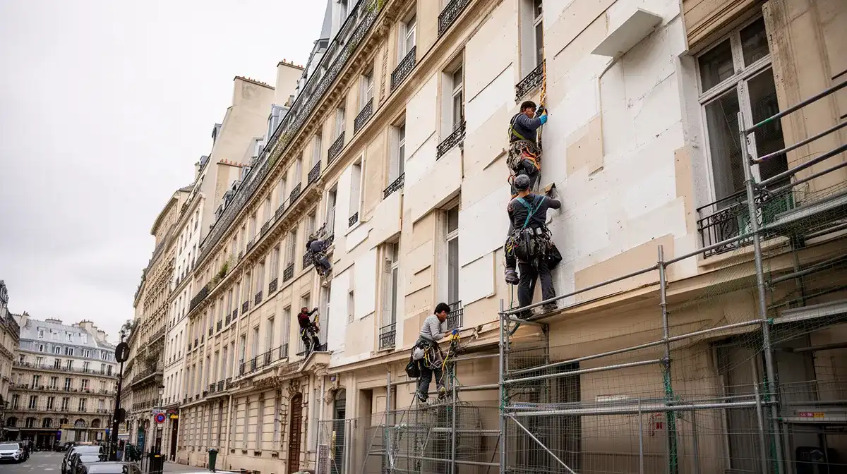 Travaux d'isolation thermique par l'extérieur sur un immeuble parisien avec ouvriers posant des panneaux isolants