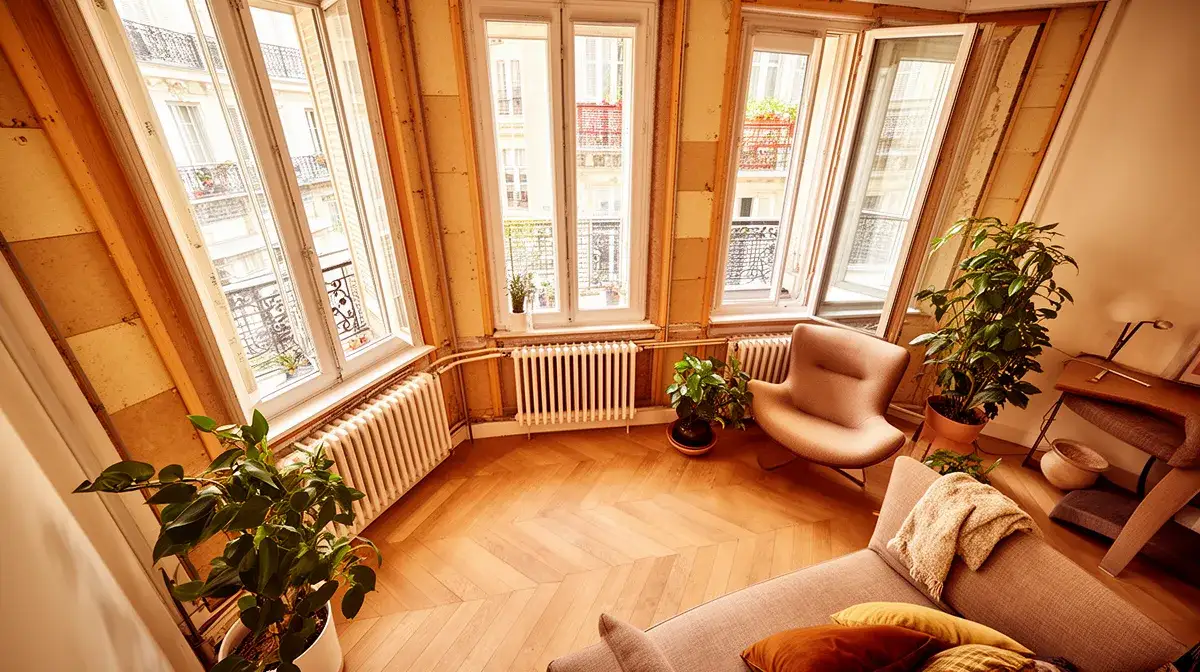 Intérieur d'un appartement parisien après rénovation énergétique montrant le confort et la luminosité