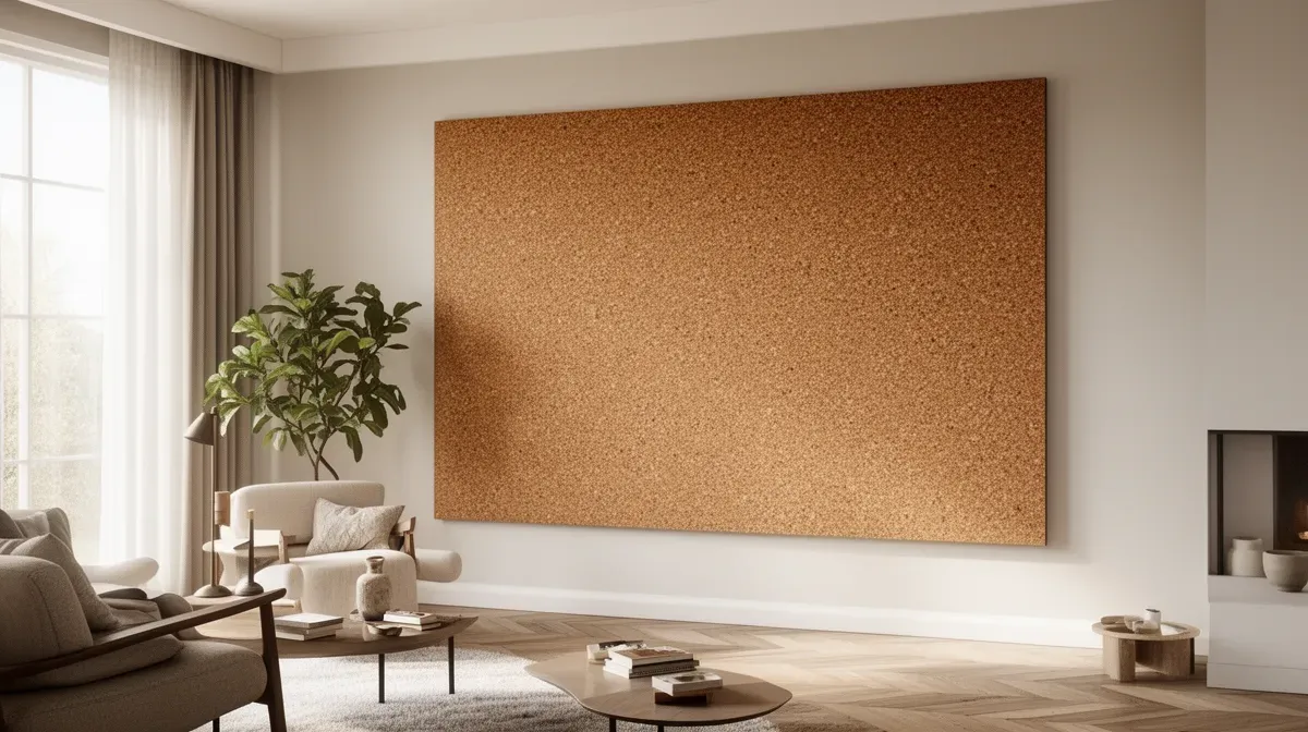 Pièce décorée avec un grand panneau thermique et acoustique en liège fixé au mur extérieur