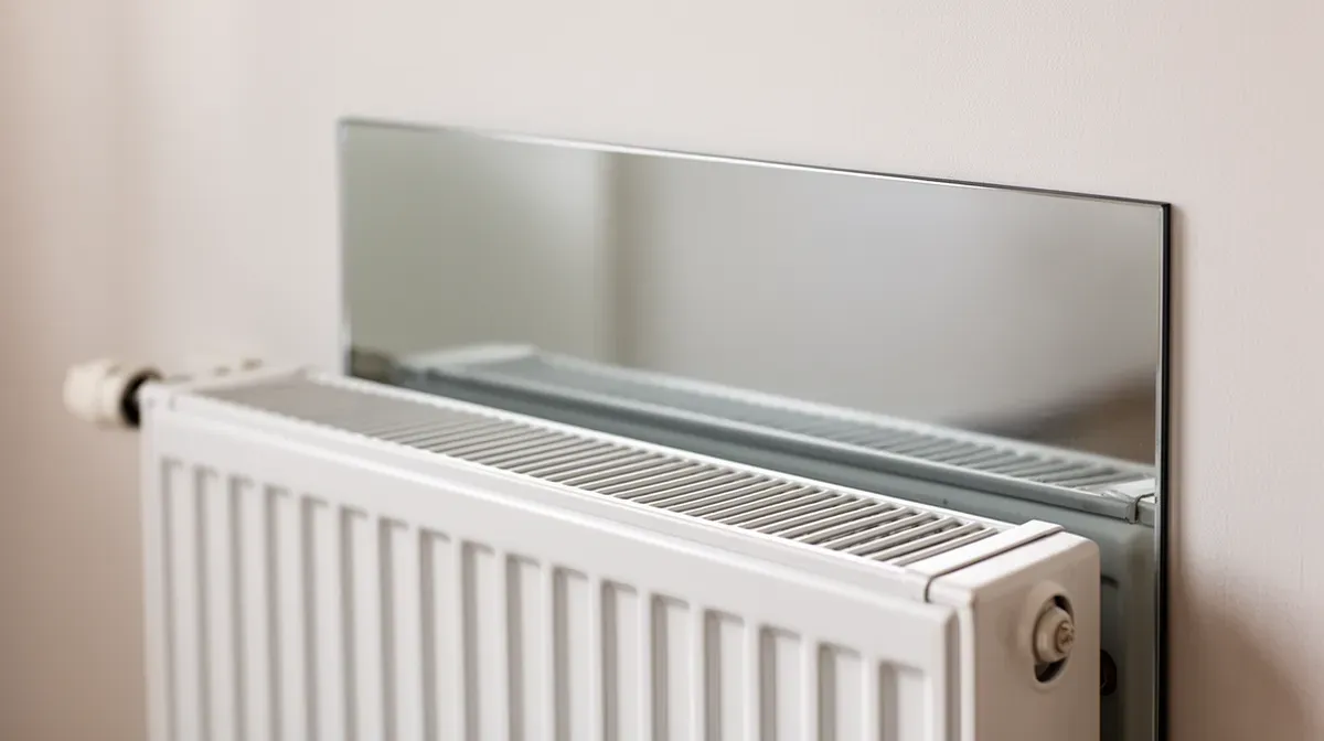 Gros plan d'un radiateur avec un panneau réflecteur placé derrière pour optimiser la chaleur