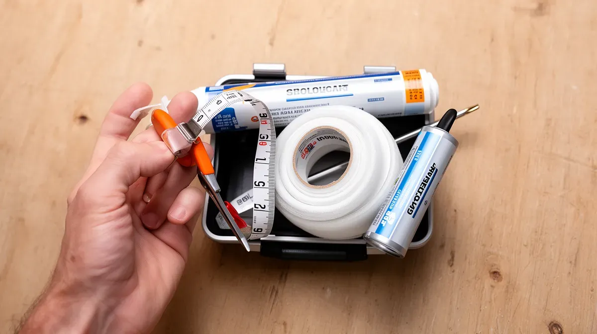Vue de dessus d'une main tenant un kit d'isolation avec joint et outils de pose