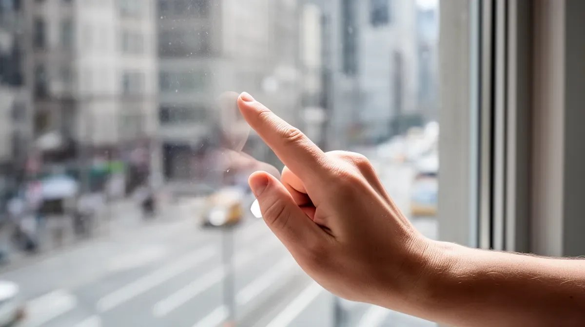 Main touchant une vitre pour détecter les vibrations sonores, diagnostic d'isolation phonique