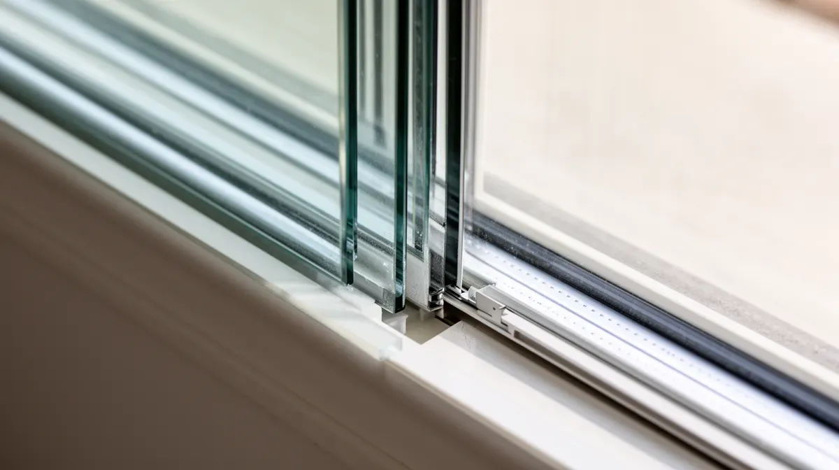 Installation d'un double vitrage acoustique, gros plan sur les couches de verre