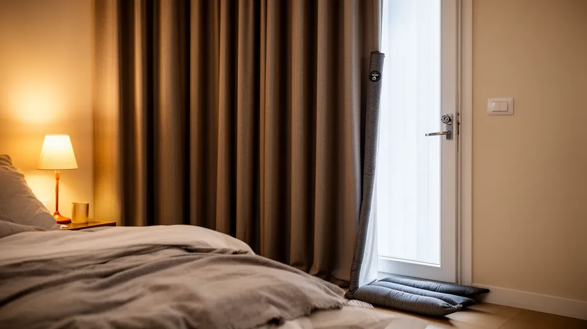 Chambre avec rideau épais et boudin de porte, solutions d'appoint pour l'isolation phonique