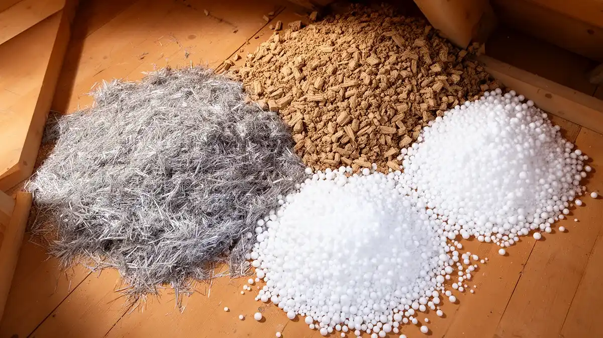 Différents types d'isolants en vrac pour combles perdus : laine de verre, ouate de cellulose et polystyrène