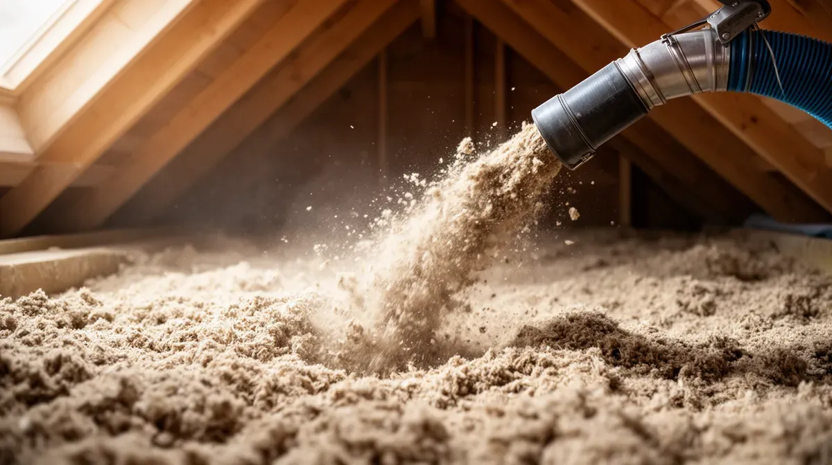 Gros plan sur l'installation de ouate de cellulose par soufflage dans des combles perdus