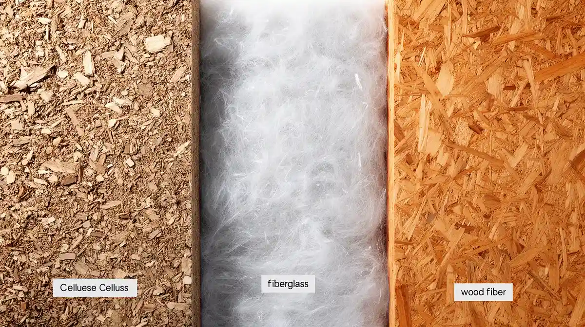 Comparaison visuelle de trois isolants pour combles perdus : ouate de cellulose, laine de verre et laine de bois
