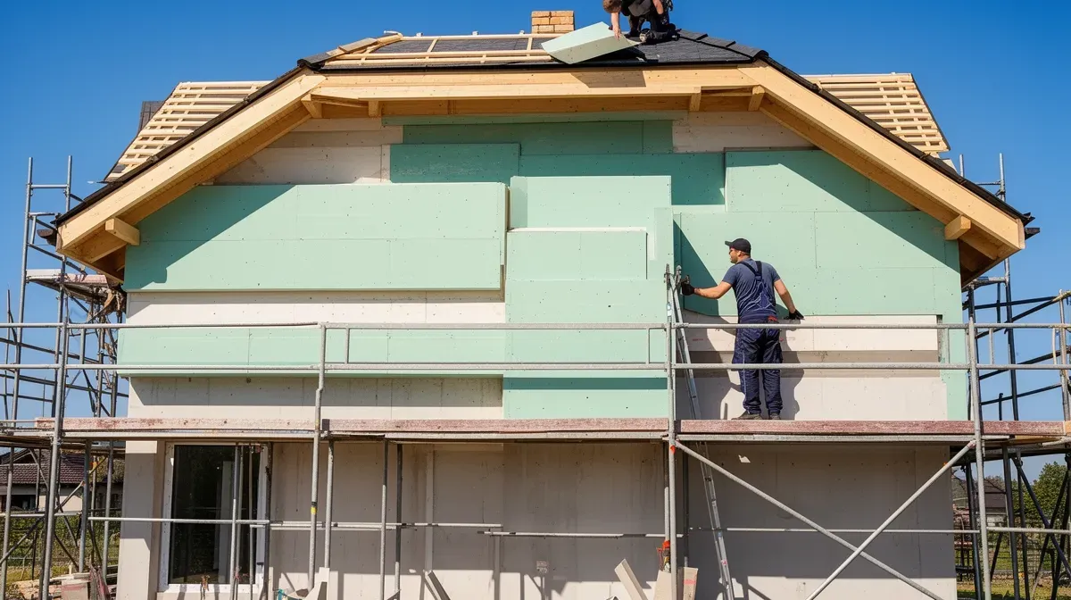 Application d'un système d'isolation extérieure sur une façade de maison, vue de face