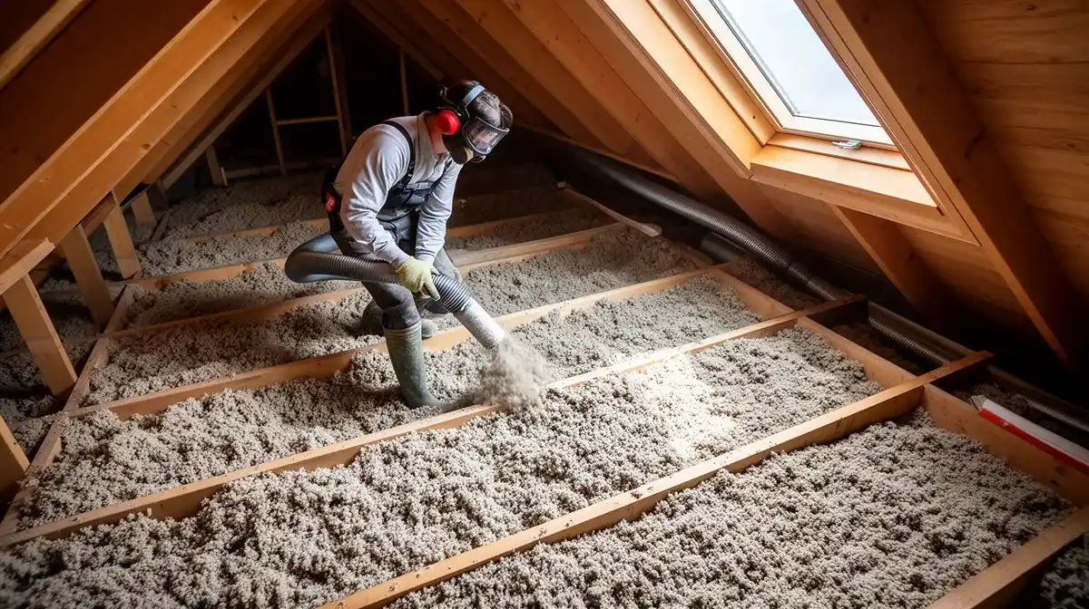 Artisan soufflant de l'isolant dans des combles perdus d'une copropriété, vue de dessus