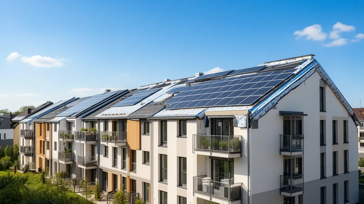 Immeuble récent avec toiture isolée et panneaux solaires, illustrant les économies d'énergie et les aides financières