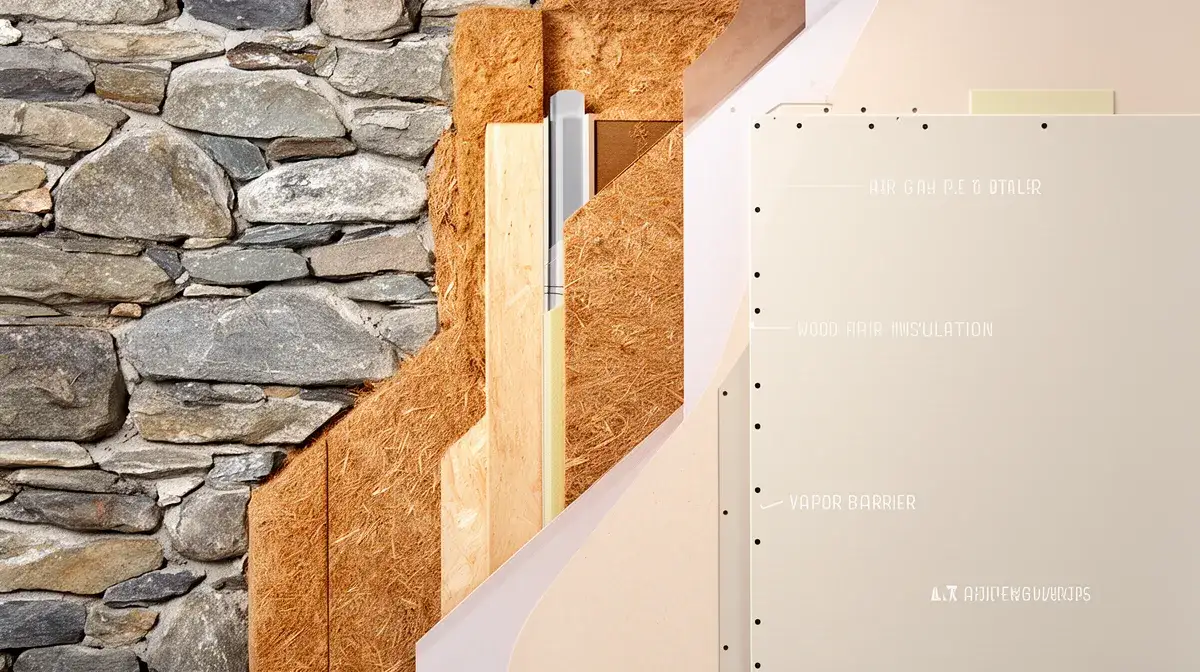 Coupe d'un mur en pierre montrant les différentes couches d'isolation intérieure