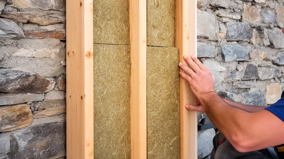 Artisan posant des panneaux de laine de bois sur une ossature bois devant un mur en pierre