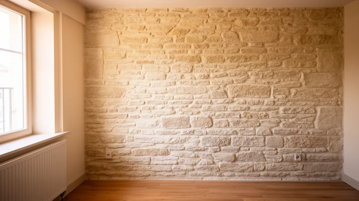 Pièce finie avec mur en pierre isolé et peint, ambiance chaleureuse