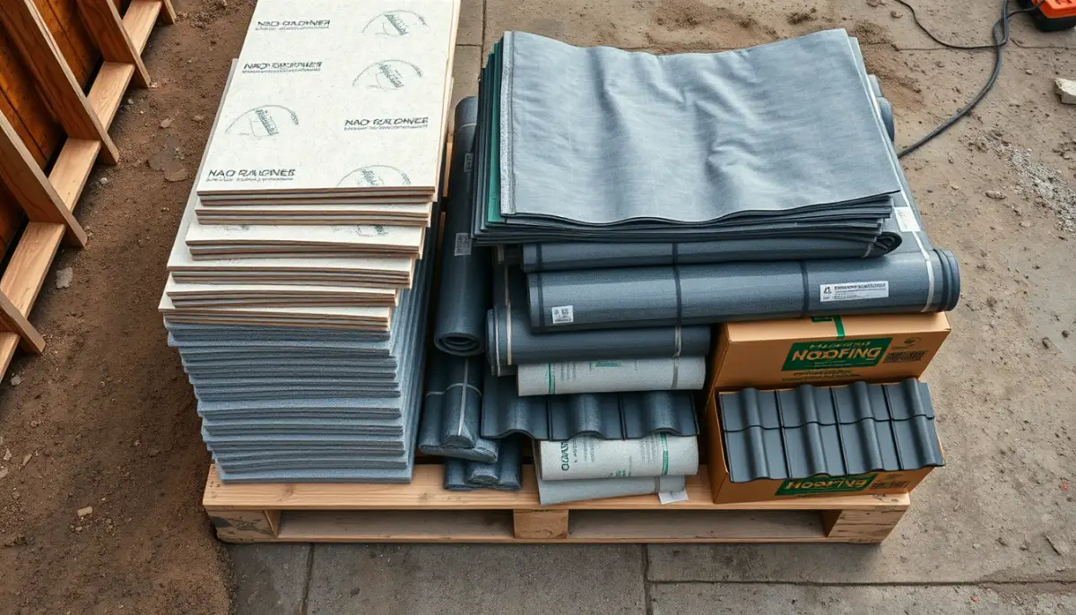 Matériaux d'isolation sarking prêts à poser sur un chantier : panneaux rigides, membranes et tuiles