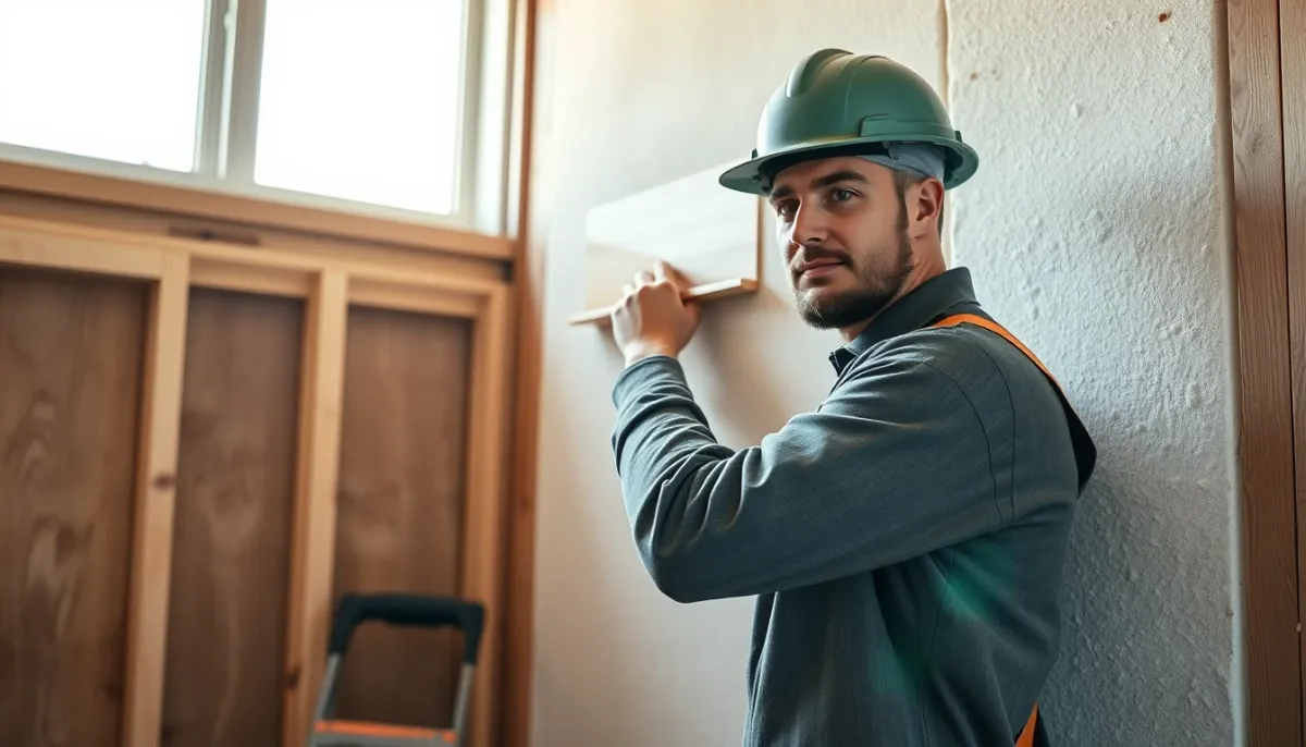 Professionnel posant un panneau isolant rigide sur un mur intérieur lors de travaux
