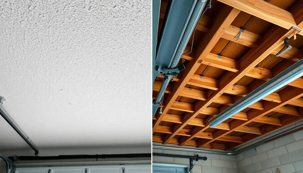 Comparaison avant/après de l'isolation d'un plafond de garage : côté isolé et côté non isolé
