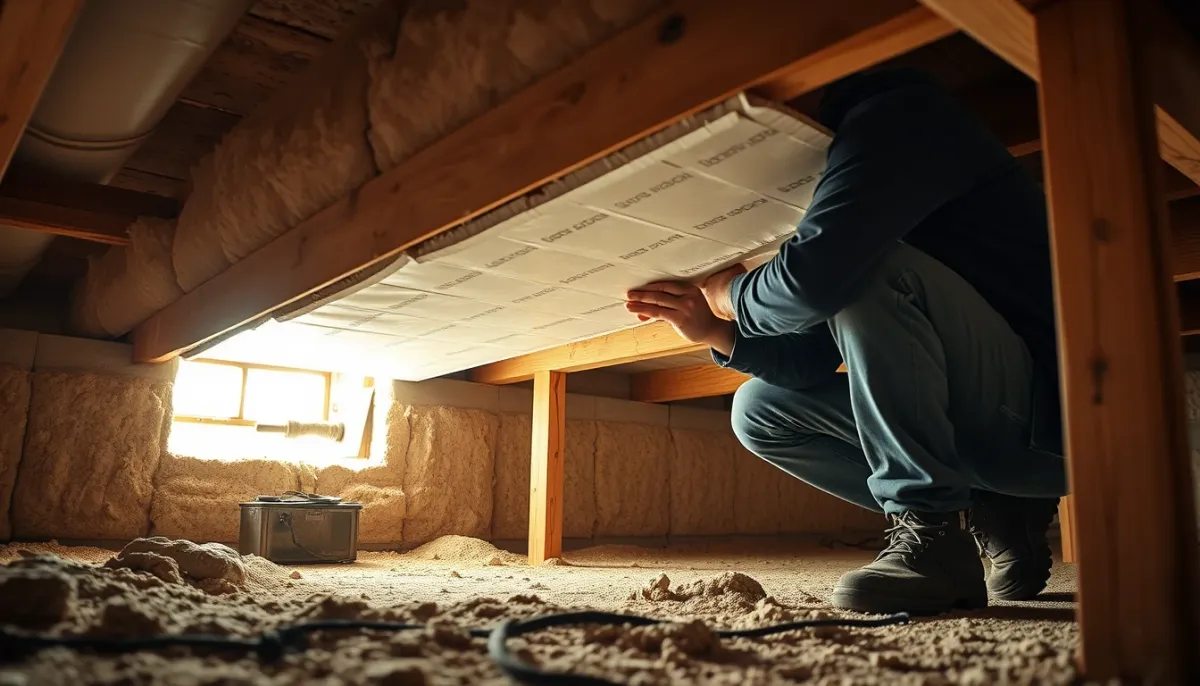 Pose de panneaux isolants en sous-face du plancher dans un vide sanitaire
