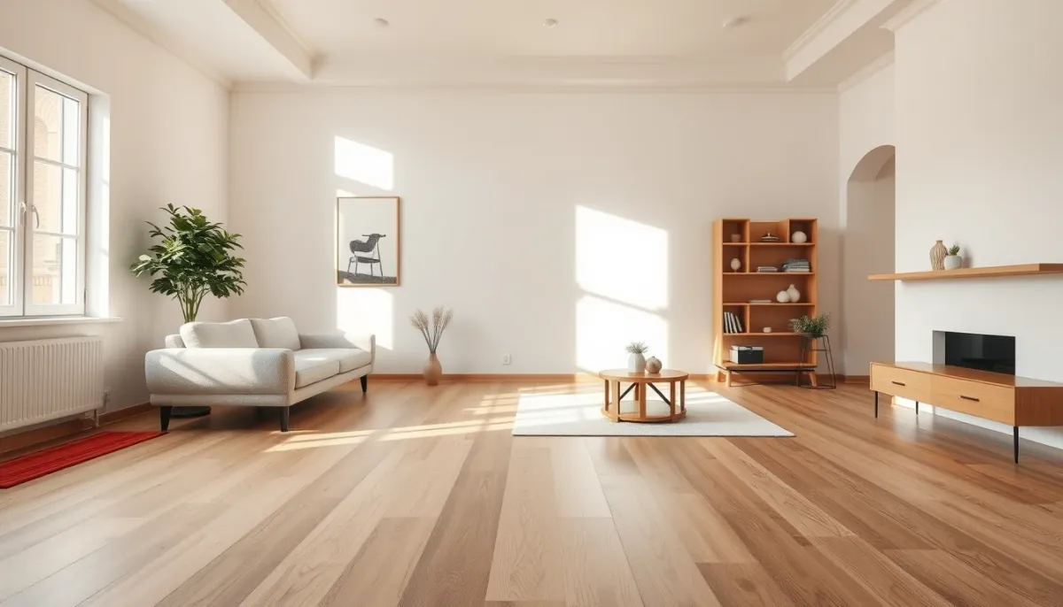 Salon rénové avec plancher flottant après isolation par le dessus