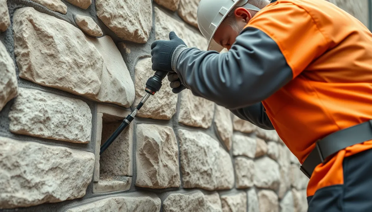 Artisan réalisant une injection de résine hydrofuge sur un mur humide