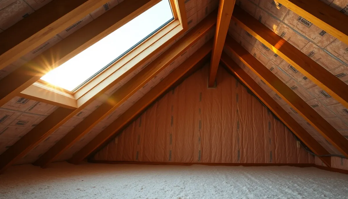 Combles aménagés avec isolation mince réfléchissante sous les chevrons et lumière naturelle