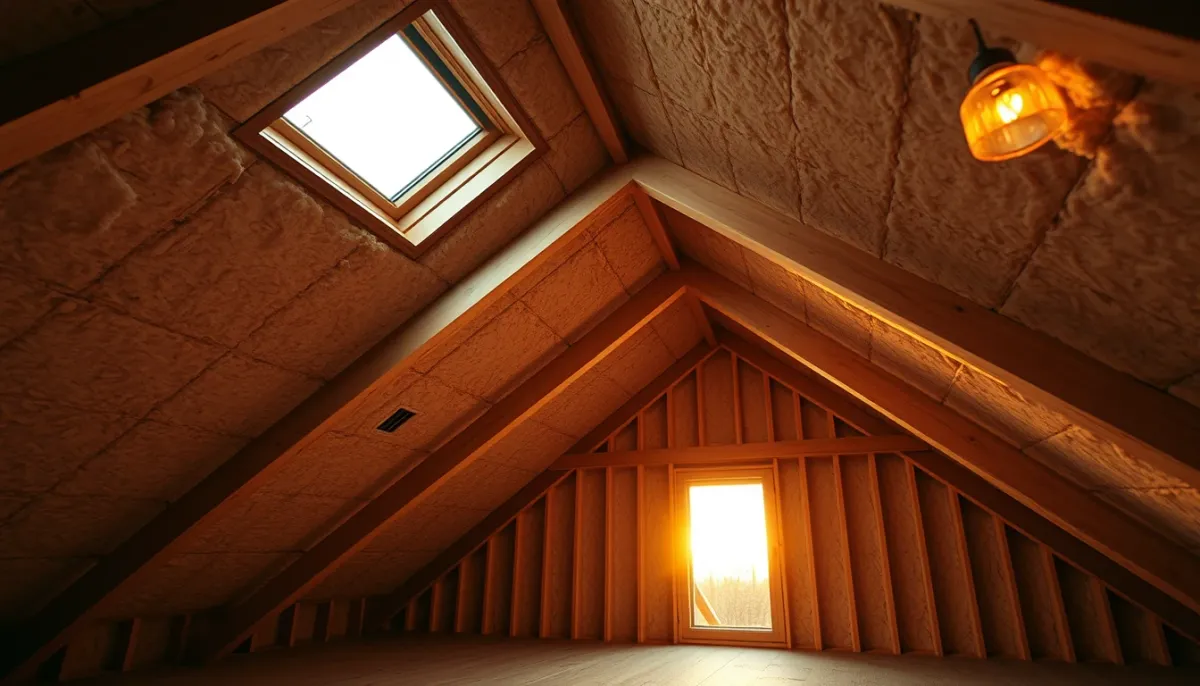Combles en rénovation avec panneaux isolants en fibre de bois Steico Flex posés entre les chevrons, lumière dorée