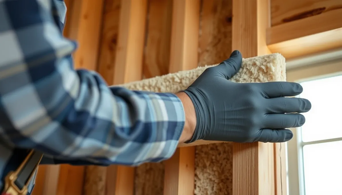 Mains d'un artisan posant un panneau isolant en fibre de bois Steico Flex dans une ossature bois