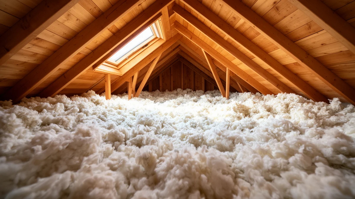 Vue en contre-plongée d'un grenier aménagé avec une épaisse couche d'ouate de cellulose soufflée entre les poutres en bois, éclairé par une lumière naturelle chaude.