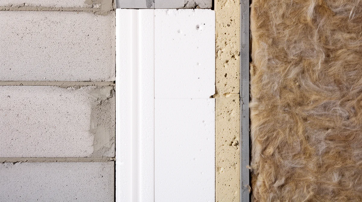 Vue de face de sections de mur montrant différentes épaisseurs d'isolants pour l'isolation intérieure : polyuréthane, polystyrène expansé et laine de verre.