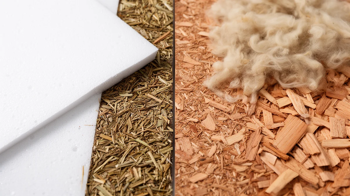Vue de dessus comparant des isolants synthétiques (mousse de polyuréthane) et biosourcés (chanvre, fibre de bois, laine de mouton) avec leurs textures et couleurs naturelles.